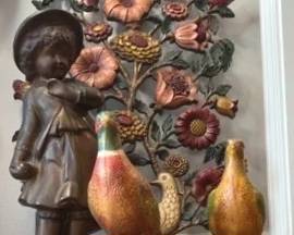 Ceramic Pheasants with Figure and Wall Hanger