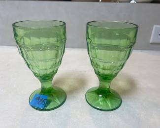Pair of Hazel Atlas Colonial Block Uranium Glass Goblets