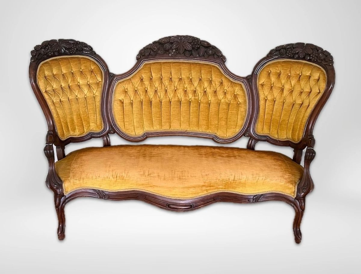 001 Yellow Velvet Victorian Conversation Sofa w Carved Wooden Frame
