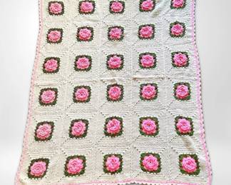 Crochet Afghan w Raised Bright Pink Roses