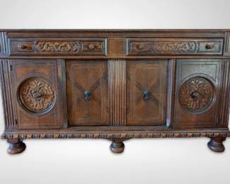 Antique Oak Jacobian Style Buffet Cabinet