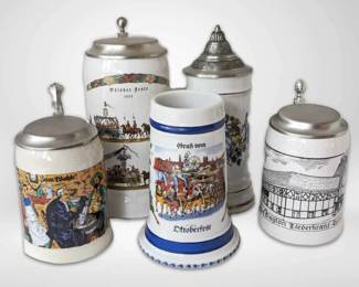 Five Vintage German Beer Steins
