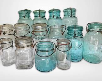 14 Vintage Blue Clear Jars W Lids Ball, Queen, Lightning More