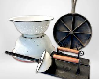 Enamel Strainer, Bowl, Ladle With Cast Iron Cornbread Skillet