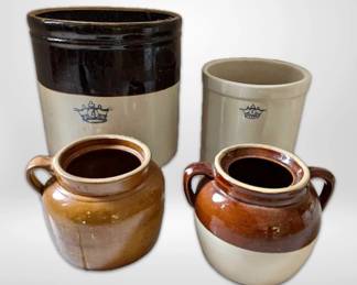 Four Vintage Crocks Blue Crown TwoTone Glazed