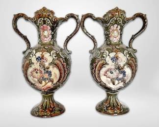 003 Two Vintage DoubleHandled Porcelain Floral Vases