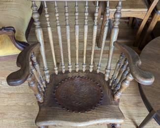 Antique Carved Back Rocking Chair W Leather Seat