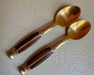 Pair vintage bronze and teak teaspoons from Thailand.