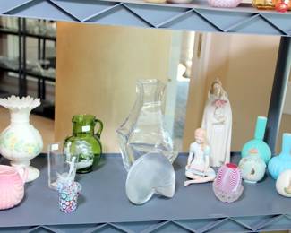 Blue Satin Cased Vases, Mary Gregory Glasses,  Baccarat Nautilus Sculpture, Baccarat Julia Vase, Cybis Figures, Irish Beleek