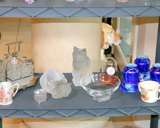 Victorian Cruets, 2 Large Lalique Cats - 1 Standing & 1 Crouching, 3-Vine & Heart Blue Iridescent Lamp Shades