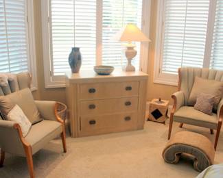Hickory White Chest of Drawers, Pair of Occasional Chairs