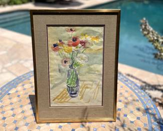 Flowers in Vase Watercolor Painting Framed Signed Unidentified Artist, 22” x 16“, $115