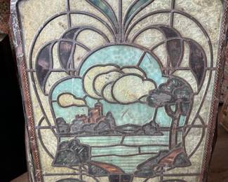 Arts and Crafts painted tin fireplace screen circa early 1900s, $1175