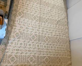 Vintage handmade large agave silk Moroccan rug in pale green, ballet pink, and cream. Beautiful sheen and very clean, excellent condition. $850