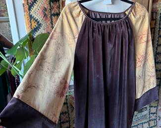 Handmade cotton velvet mini dress with floral printed bell sleeves, size sm-med, $95