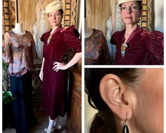 1920s silk floral blouse with rolled hem neckline size sm-med $85, black crepe skirt size small $95, cranberry silk velvet 1930s dress with crinoline creased silk trimmed neckline and puffed sleeves with bow trimming $135, wool and satin hat $28, antique sterling and feathers brooch with purple crystal or glass (possibly amethyst) $75, black onyx and sterling earrings $7 (not very old).