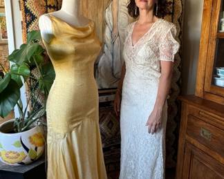 Vintage Y2K Richard Tyler Couture sample size 0-2 buttercream yellow silk dress, $325
Vintage 1920s embroidered netting dress with original slip dress beneath, size 0-2, $375