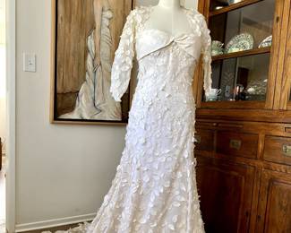 Elizabeth Fillmore haute couture silk organza and silk taffeta wedding gown with matching Bolero jacket that was worn by Julie Bowen on the NBC TV show "Ed", circa 2004.