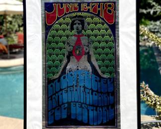 Extremely rare and iconic 1967 Monterey International Pop Festival poster, 19“ x 35“ with foil printing, designed by Tom Wilkes. This poster marks a seminal moment in rock history and will be sold by silent auction process with a starting bid of $4750, which is well below its estimated value. Condition is good to very good, with many small damages (smaller sized creases and spots of foil loss, push pin holes from original posting methods, etc.), and no major damage, best guess is that it is a 7.5-8.8 CGC grading according to their description of guidelines.
https://www.cgccomics.com/grading/grading-scale/