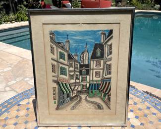 Funky vintage French streetscape original artwork, $75