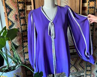 Purple 1960s polyester ballon sleeve tunic shirt or micro minidress with silk ribbon trimming, $80