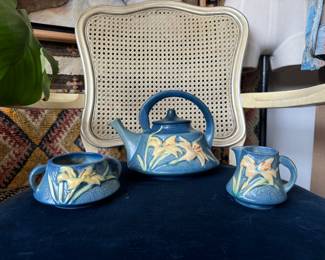 Roseville blue Zephyr tea set, small chip on lower teapot spout, $220 set.