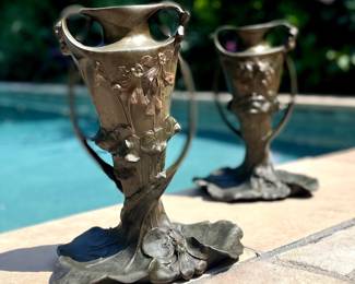 Stunning Art Nouveau matching oil rubbed bronze urns, with geraniums on one side and cyclamen on reverse. Both have original “Fabrication Française” medallions from a Paris foundry embedded in finish. Some loss of finish from improper care in the past, but doesn’t diminish their overall breathtaking quality and appearance. $4000 each or $7500 for the pair.