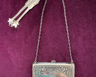 Victorian Sterling silver sugar tongs $45, sterling change purse circa 1860 $225