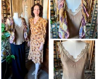 Floral silk 1920s light jacket with ruffled trimming size small $70, silk J Crew shell blouse with lace trim size 4 $17, floral 1930s dress size small $120