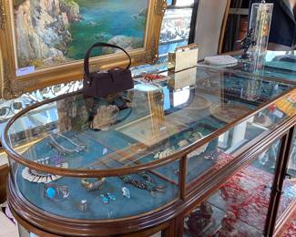 Viewing of high end jewelry is located on the bus in our Victorian display case, circa 1893. Case is for sale as well, $10,000, free delivery within 10 miles of estate sale site with full price purchase.