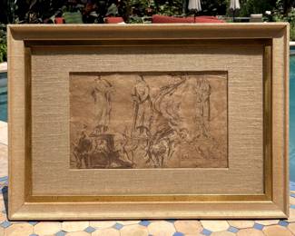 Antique Brown Ink Cherubs & Statues Etching - FRAMED 17.75" X 13.75", $200