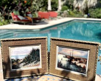 Sunny Day on Beach Side & Gloomy Day on Beach Side, Oils on canvas by Purisse Signed, marked “Paris” on backs of canvas frames. $95 each or $175 for the pair.