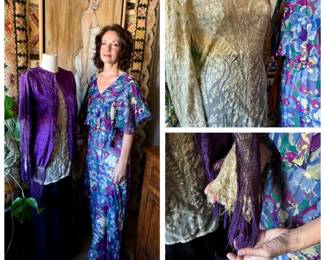 All circa 1910s-1920s: Gold embroidered silk net blouse size small $85, jewel tone purple fringed and embroidered jacket size small $115, silk floral dress in one size small-large with a matching belt that is size XS-S $155