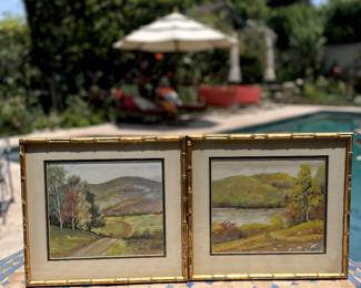 Landscape Watercolor Paintings Signed by Hi Berry. Framed, 14”x15”x1”. $110 each or $200 for the pair.