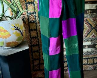 Stunning fully lined custom glam rock silk velvet patchwork pants, size XXS-XS, $200