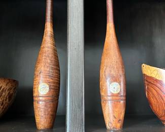 Antique VICTOR OVERMAN WHEEL CO Turned Wood Indian Exercise Juggling Clubs