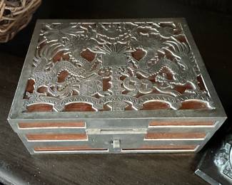 Antique Chinese Kut Hing Pewter and Wood Miniature Steam Trunk with Dragon Decorated Lid
