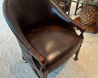 Carved Pineapple Based Table with Leather Game Rolling Chairs
