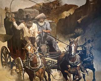 Original Oil on Canvas "Wild Stagecoach Ride" by DAN P BODELSON