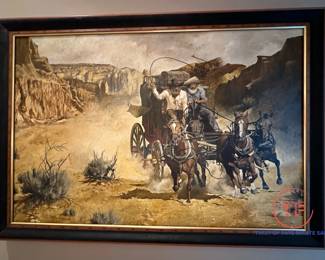 Original Oil on Canvas "Wild Stagecoach Ride" by DAN P BODELSON