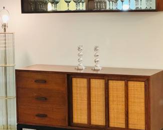 Caned Front Mid Century Modern Credeza, Hanging Mirror-backed Wall Unit with Glass Doors