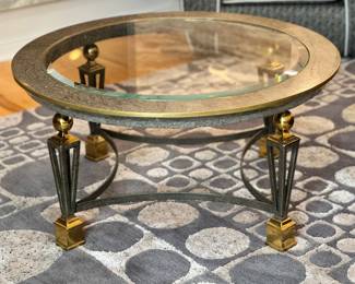 Tessellated Stone Coffee Table, Beveled Glass Top w/ Geometric Brass Legs