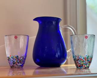 Vintage Cobalt Blue Art Glass Pitcher & Aderia Tsugaru Vidro Glass Nebuta Aomorie 
