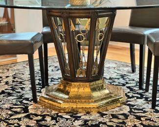 Large Round Dining Table, Glass Top With Brass & Wood