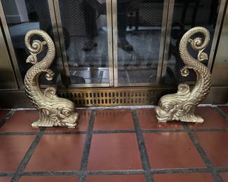 Solid brass dolphin andirons