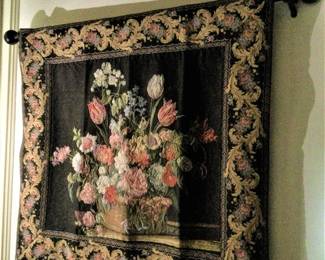 Bouquet of Flowers on Black Woven Tapestry Wall Hanging