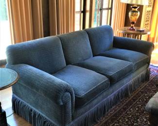Blue Upholstered  Sofa with Fringe 