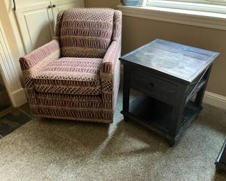 Swivel glider chair w brown upholstery, Kirkwood Designs