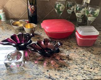 Pyrex covered bowl, violet glass dishes