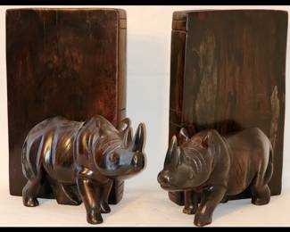 Heavy Carved Wooden Rhinoceros Bookends 